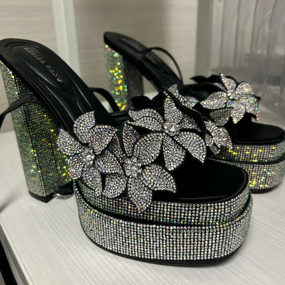 Azalea Wang Teille Embellished Flower Crystal Platform Heels NWOB - Picture 5 of 12